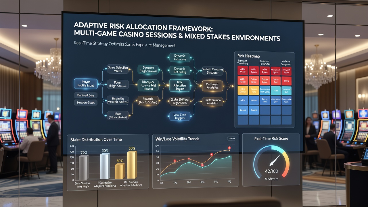 Infographic illustrating checkpoint-based risk reallocation during extended casino visits with stake variations