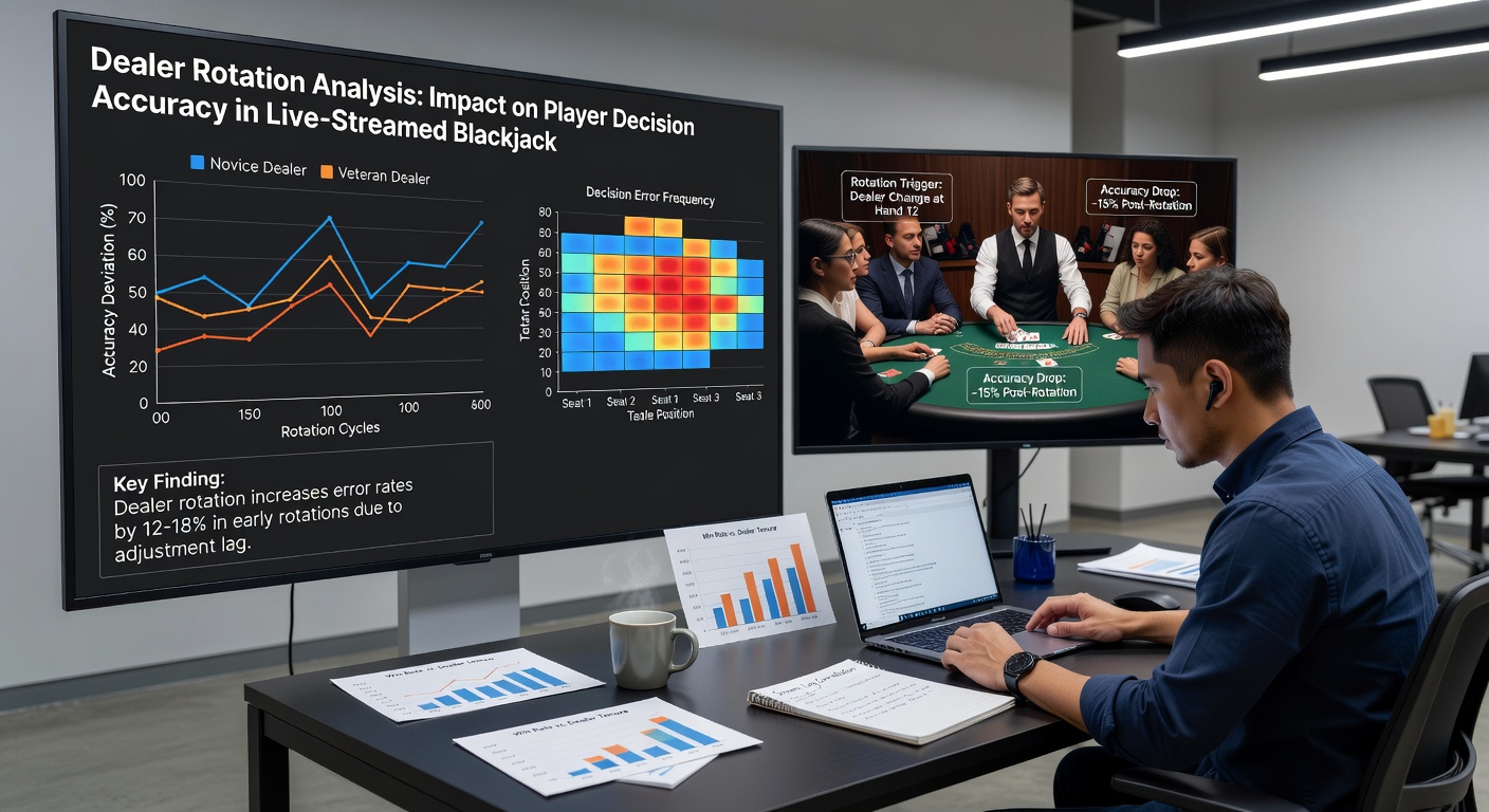 Multiple dealers preparing for rotation at a professional streamed blackjack studio with monitoring equipment visible