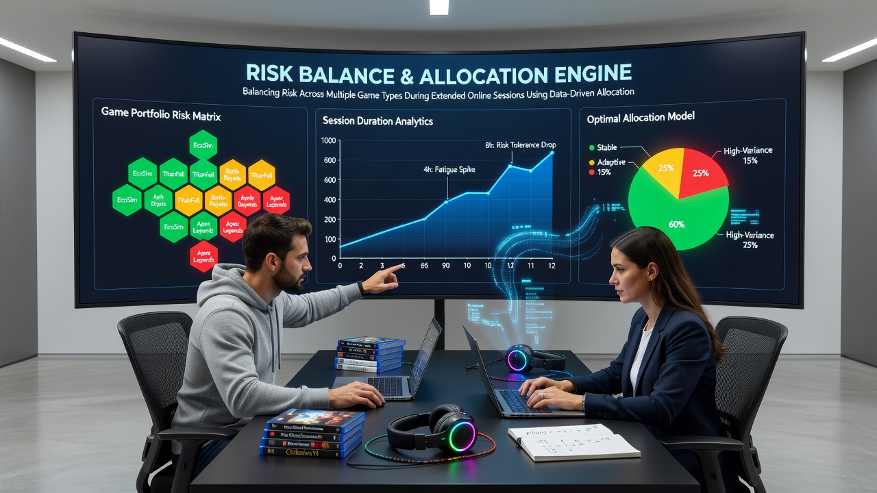 Analytics interface displaying risk distribution charts for slots, blackjack, and roulette during an extended session
