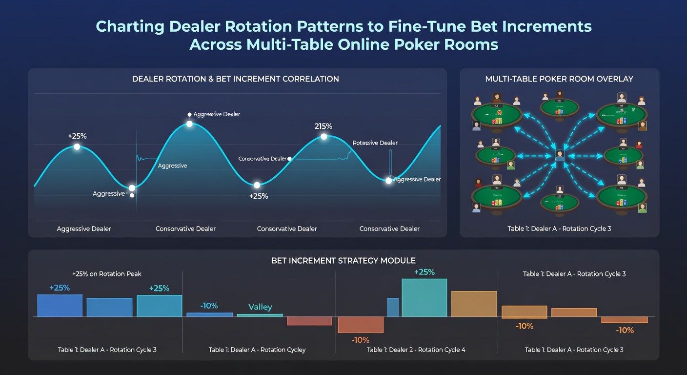 Player interface displaying multiple poker tables with overlaid notes on dealer patterns and suggested bet adjustments