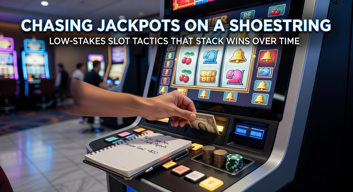 Player inserting coins into a low-stakes slot machine, screen lighting up with small wins accumulating