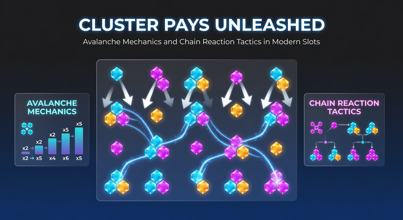 Dynamic close-up of cascading symbols in a cluster pays slot, with multipliers stacking during a massive chain reaction win
