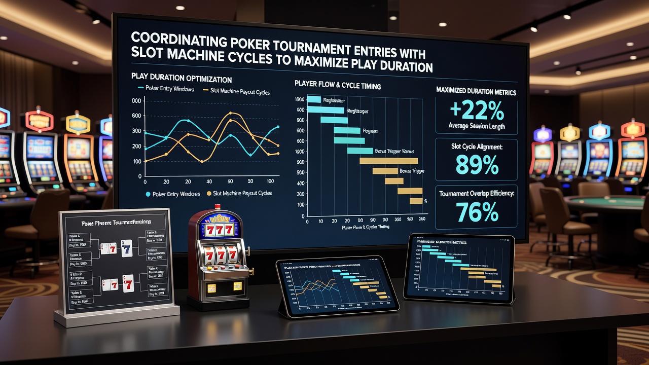 Player reviewing tournament schedule on mobile device while standing near slot machine bank