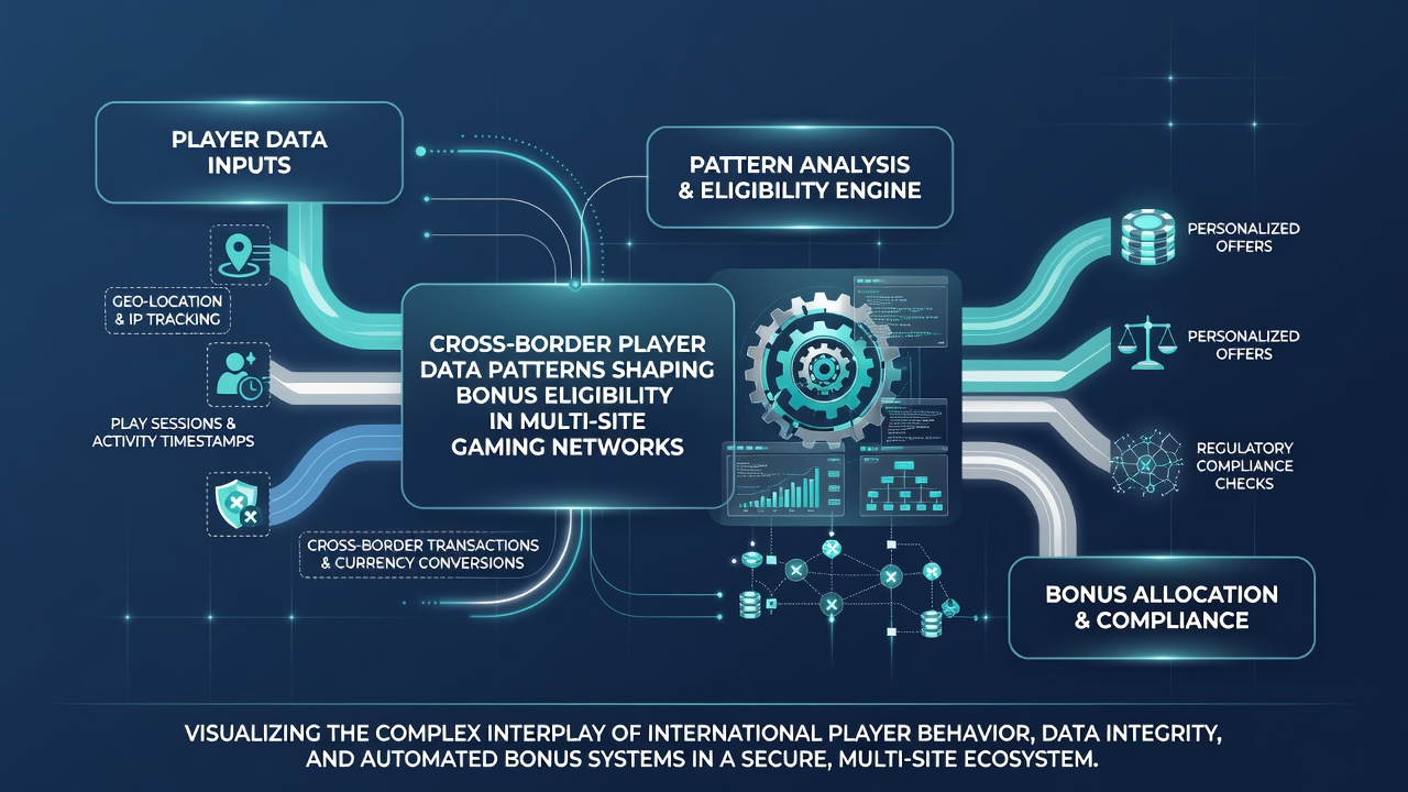 Diagram showing player data pathways between international gaming sites and bonus calculation engines