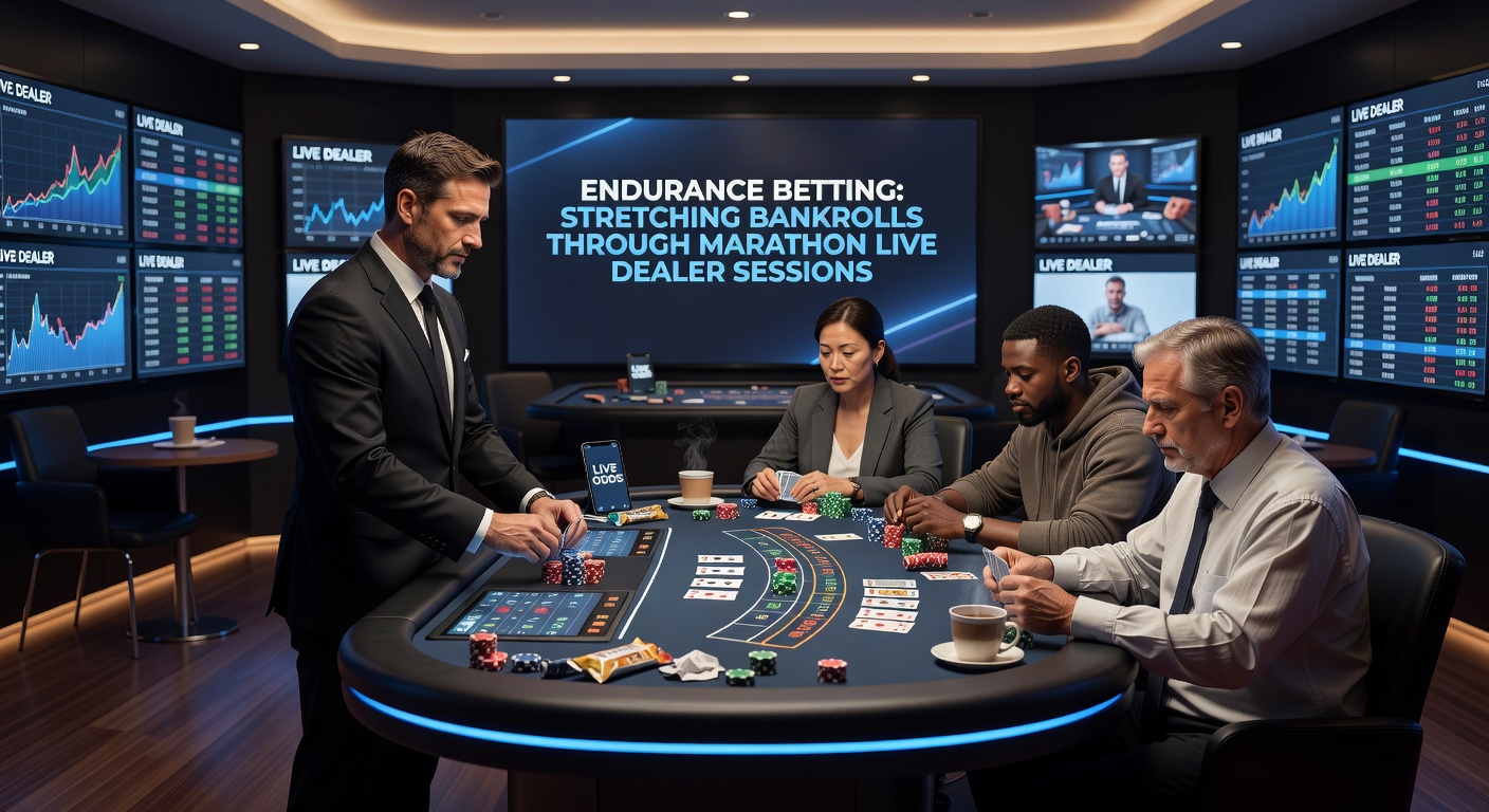 Live dealer table with players engaged in a prolonged blackjack session, chips stacked strategically amid glowing screens and focused expressions