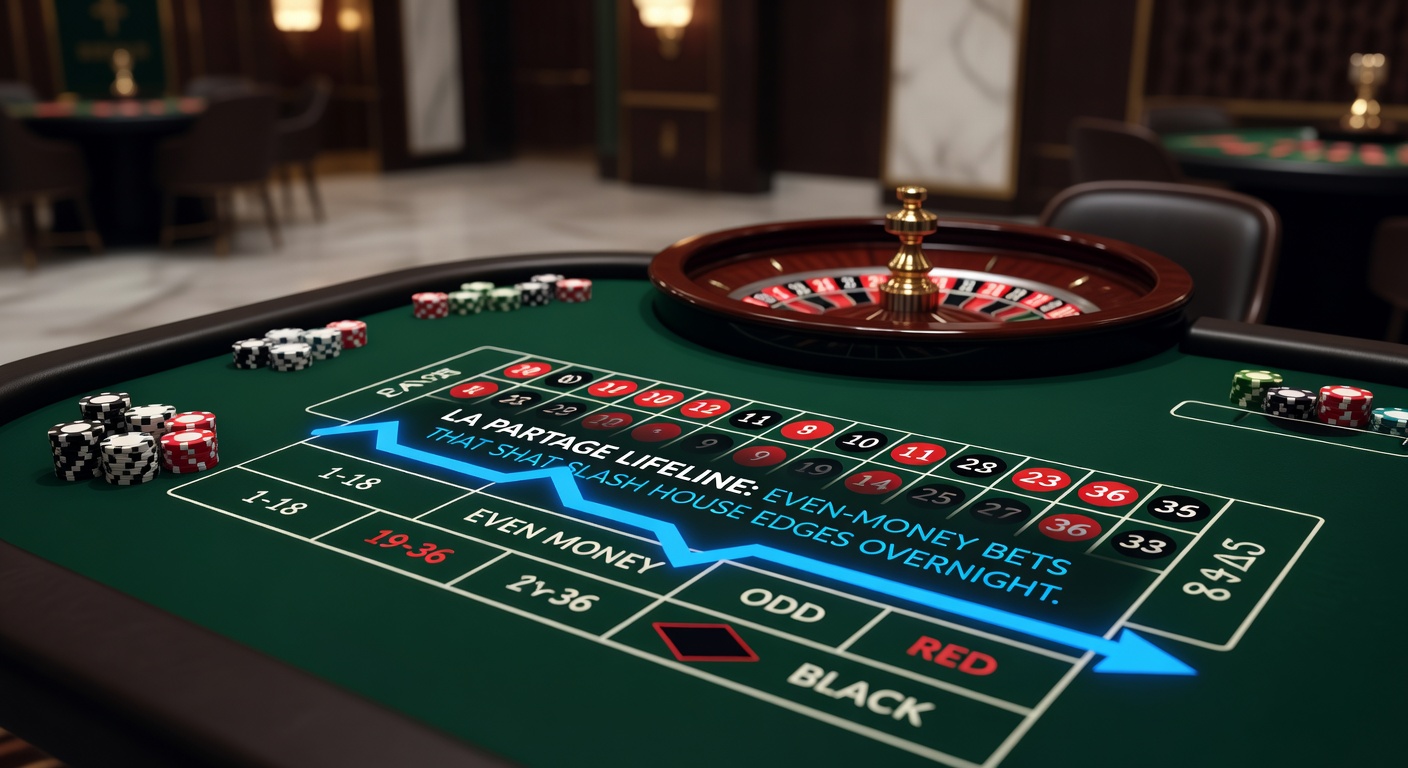 Close-up of roulette table layout showing even-money bet areas like red/black and La Partage payout example on zero