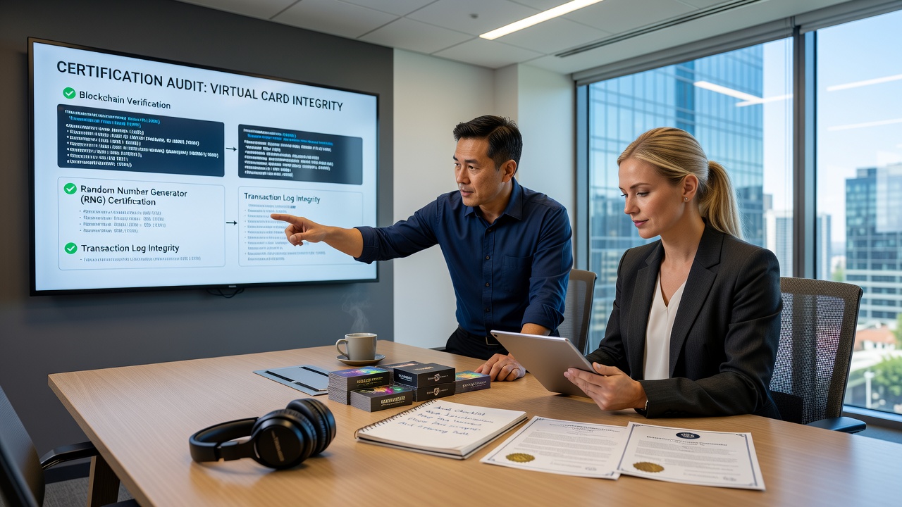 Auditors reviewing virtual card game certification documentation
