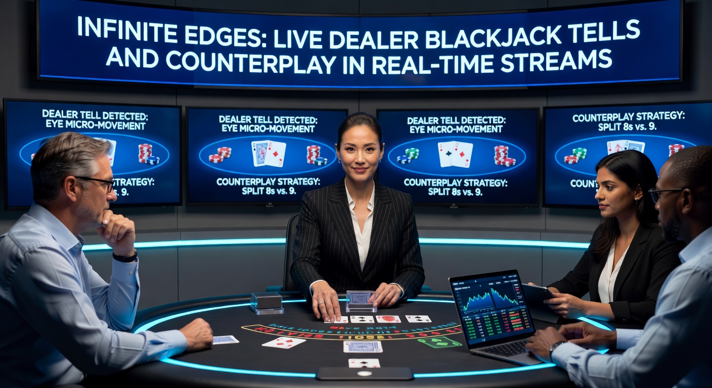 Live dealer at a blackjack table in a real-time stream, cards in hand and chips stacked high