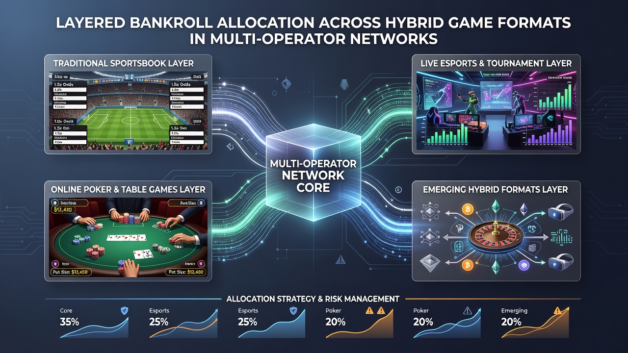 Diagram showing multi-operator network connections for bankroll layers in hybrid gaming