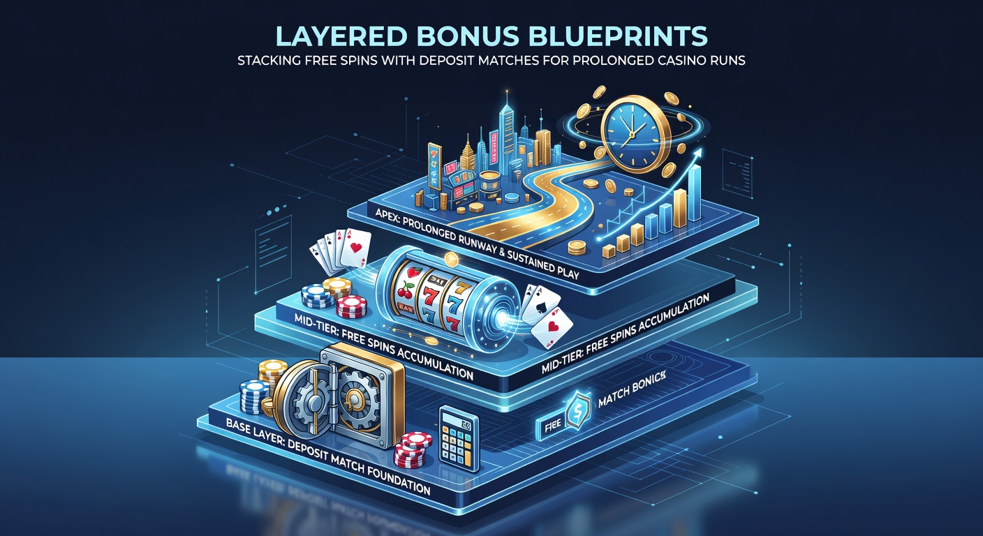 Infographic illustrating a layered bonus stack: deposit match flowing into free spins, extending playtime graph