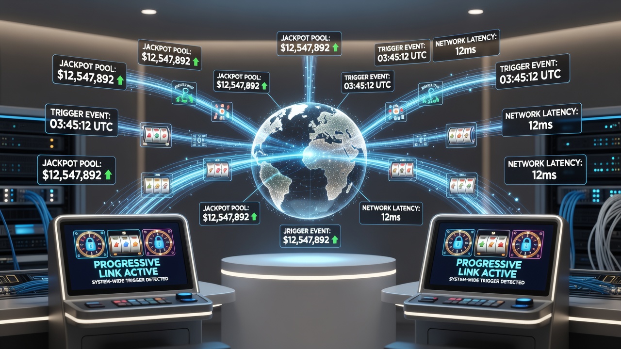 Central server interface monitoring progressive jackpot triggers across multiple casino locations