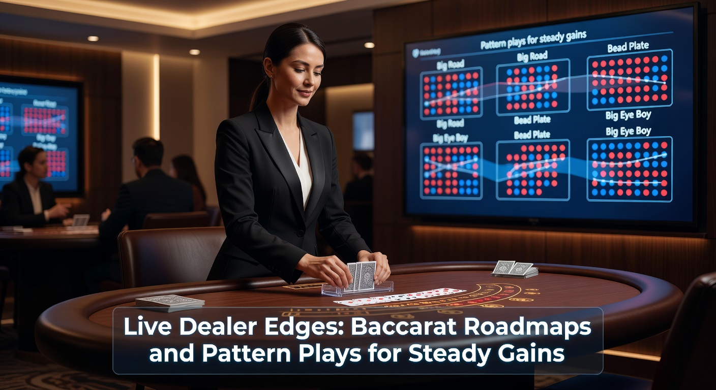 Close-up of a live dealer baccarat table displaying colorful roadmaps tracking Banker and Player streaks on a digital screen