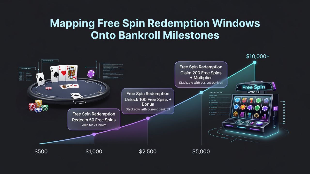 Poker table interface with overlaid graphs illustrating bankroll growth curves matched to free spin activation timelines