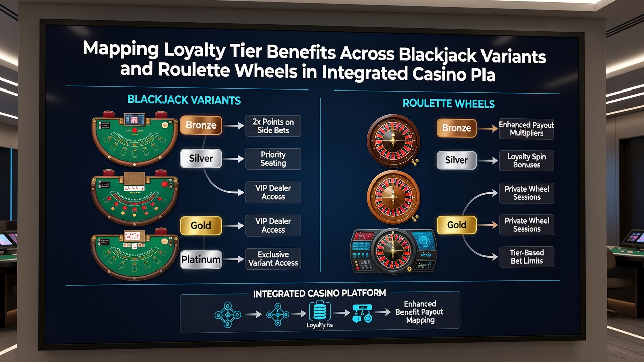 Screenshot of integrated casino platform interface displaying tier benefits for different blackjack and roulette game types