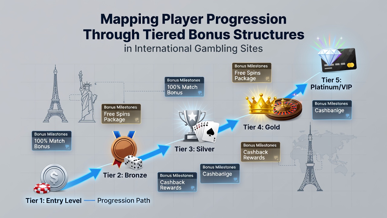 Detailed chart of international tiered bonus structures with regional examples and progression paths