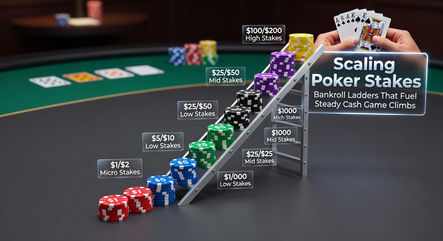 Poker chips stacked in ascending ladders against a green felt table, symbolizing progressive bankroll growth in cash games