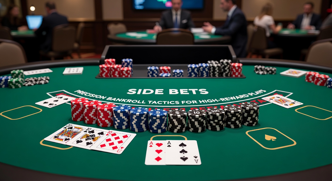 Close-up of a blackjack table showing various side bet options illuminated under casino lights, with chips stacked nearby