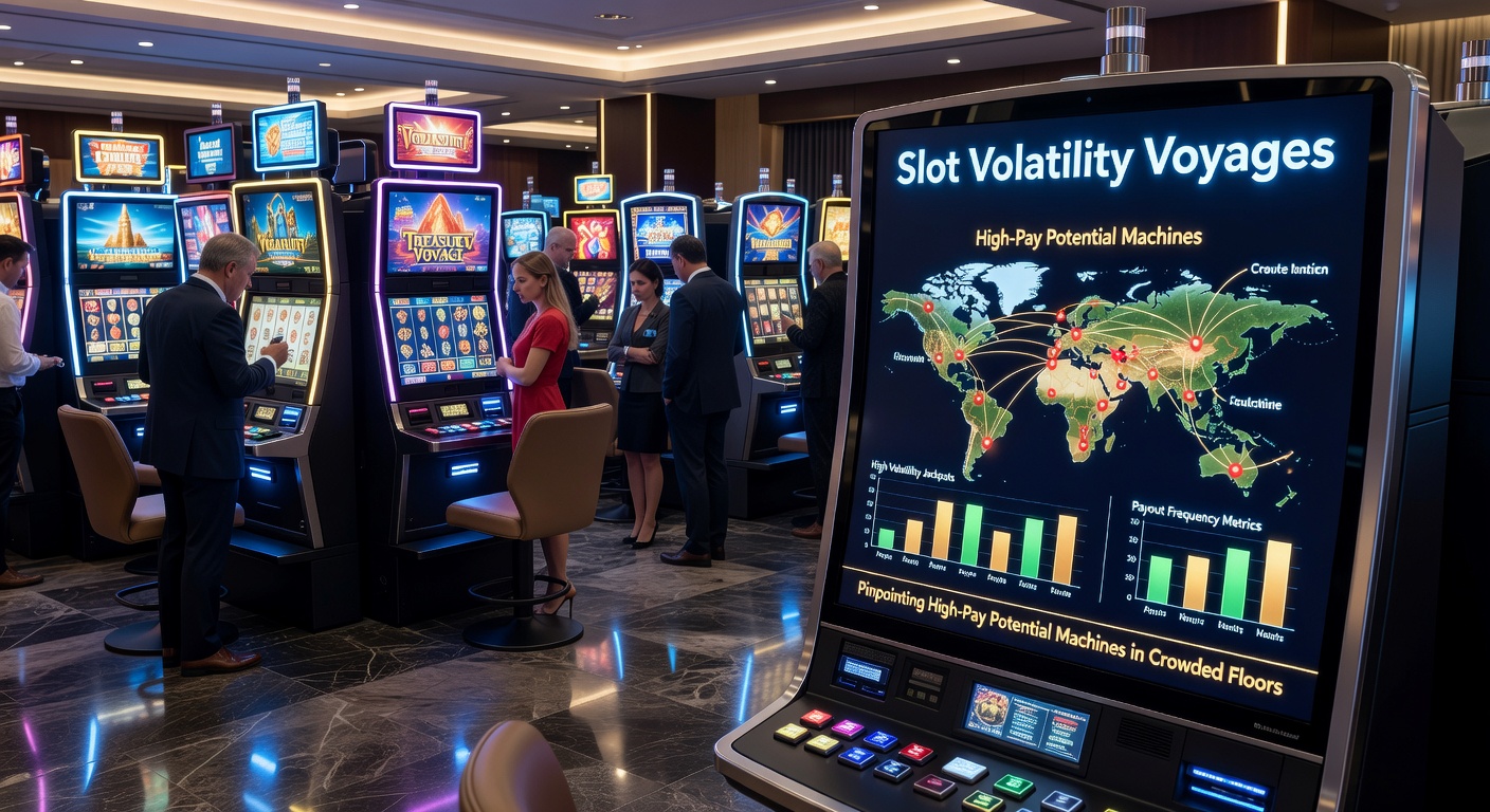 Close-up of a high volatility slot machine screen displaying bonus features, multipliers, and a building jackpot amid dramatic graphics