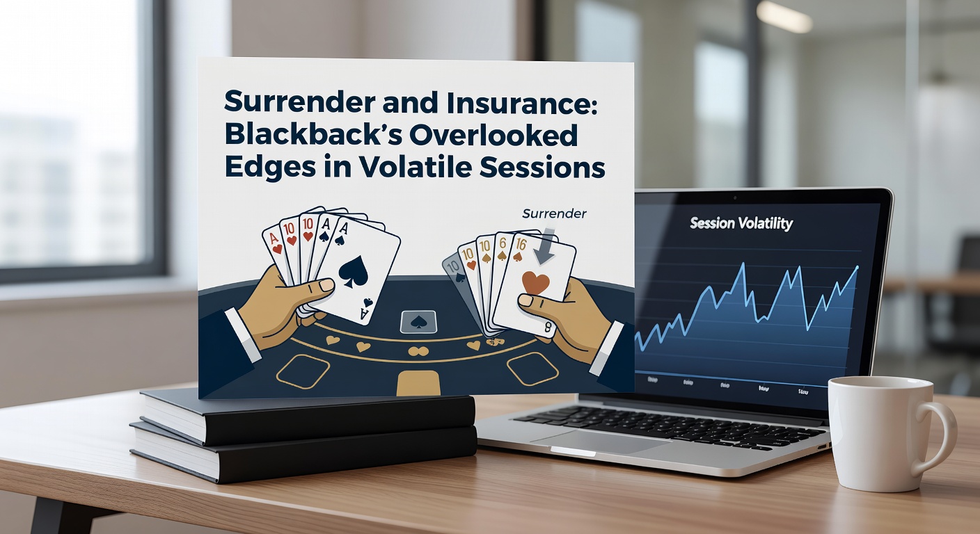 A blackjack table mid-hand with dealer showing an ace, highlighting insurance bet marker and surrender signal