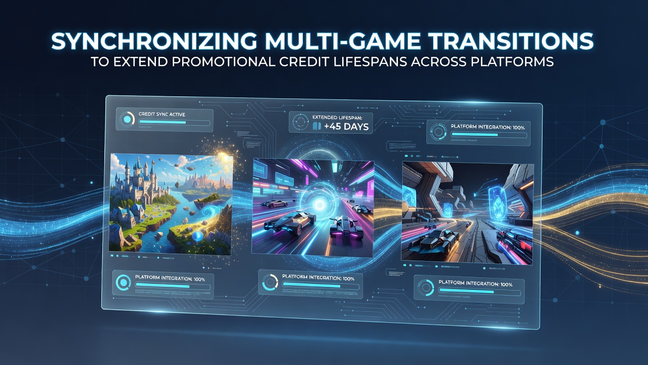 Illustration of synchronized game transitions across multiple casino platforms showing promotional credit flows