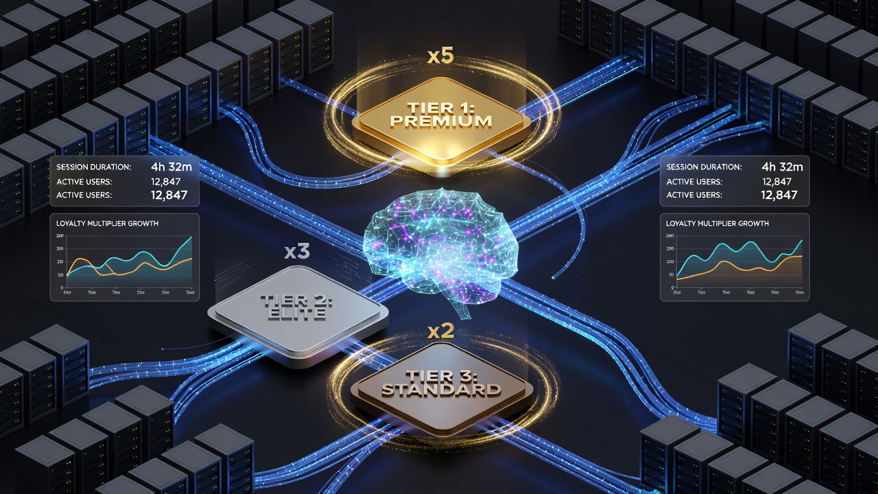 Virtual gaming network dashboard displaying synchronized loyalty tiers and session duration metrics across multiple platforms