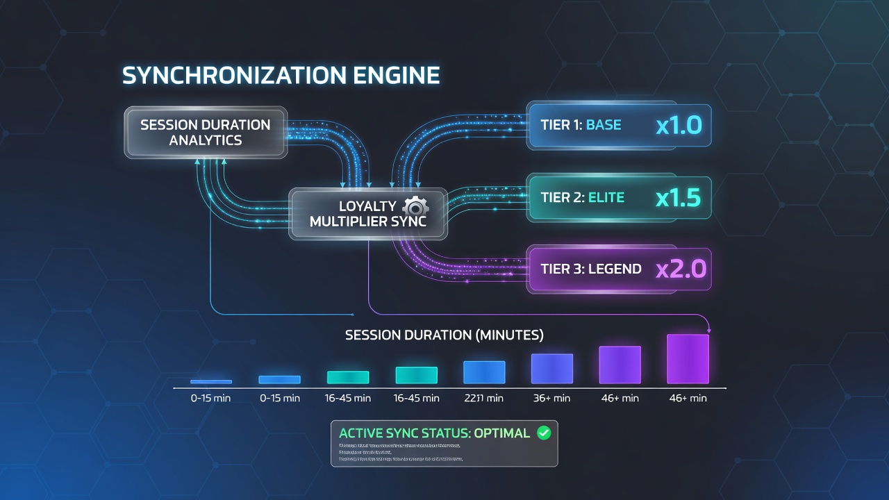 Analytics interface showing session duration graphs linked to loyalty multiplier adjustments in a virtual gaming environment