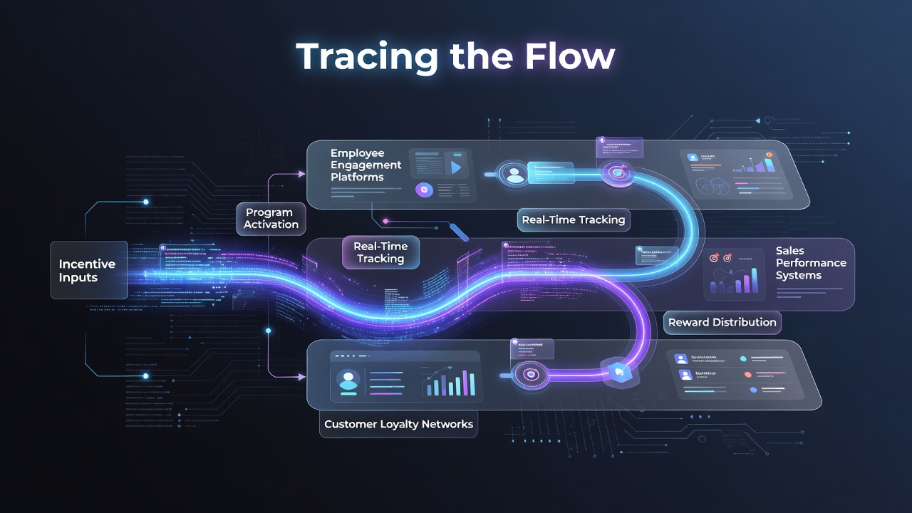 Diagram illustrating incentive program flows across multiple digital ecosystem layers including operators, affiliates, and user interfaces