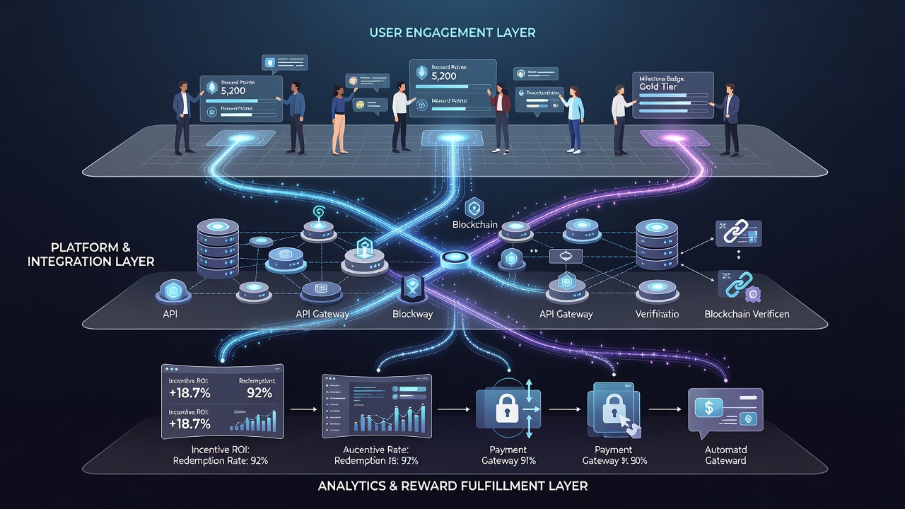 Illustration of data flow between affiliate networks, operator systems, and player accounts in digital reward ecosystems